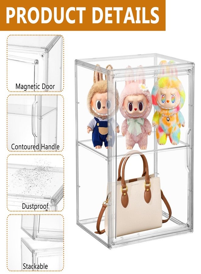 YEXEXINM 2 Pack Display Case Compatible with Labubu POP MART Clear Acrylic Storage Bin with 1 Divider Stackable Display Case for Collectibles with Magnetic Door Display Box for POP MART Labubu Doll - Image 3